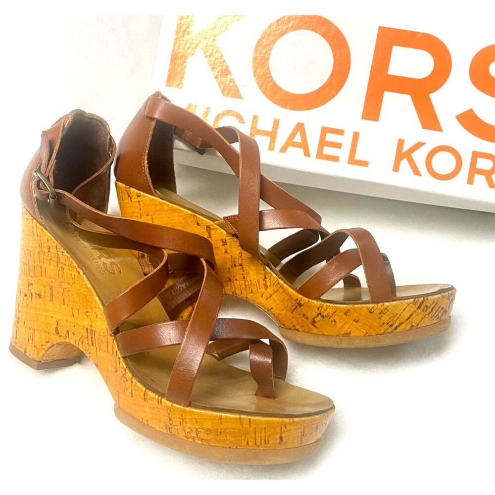 size 8.5 Michael Kors Glossy‎ Cork Sandal, Luggage Brown Strappy Platform Heel